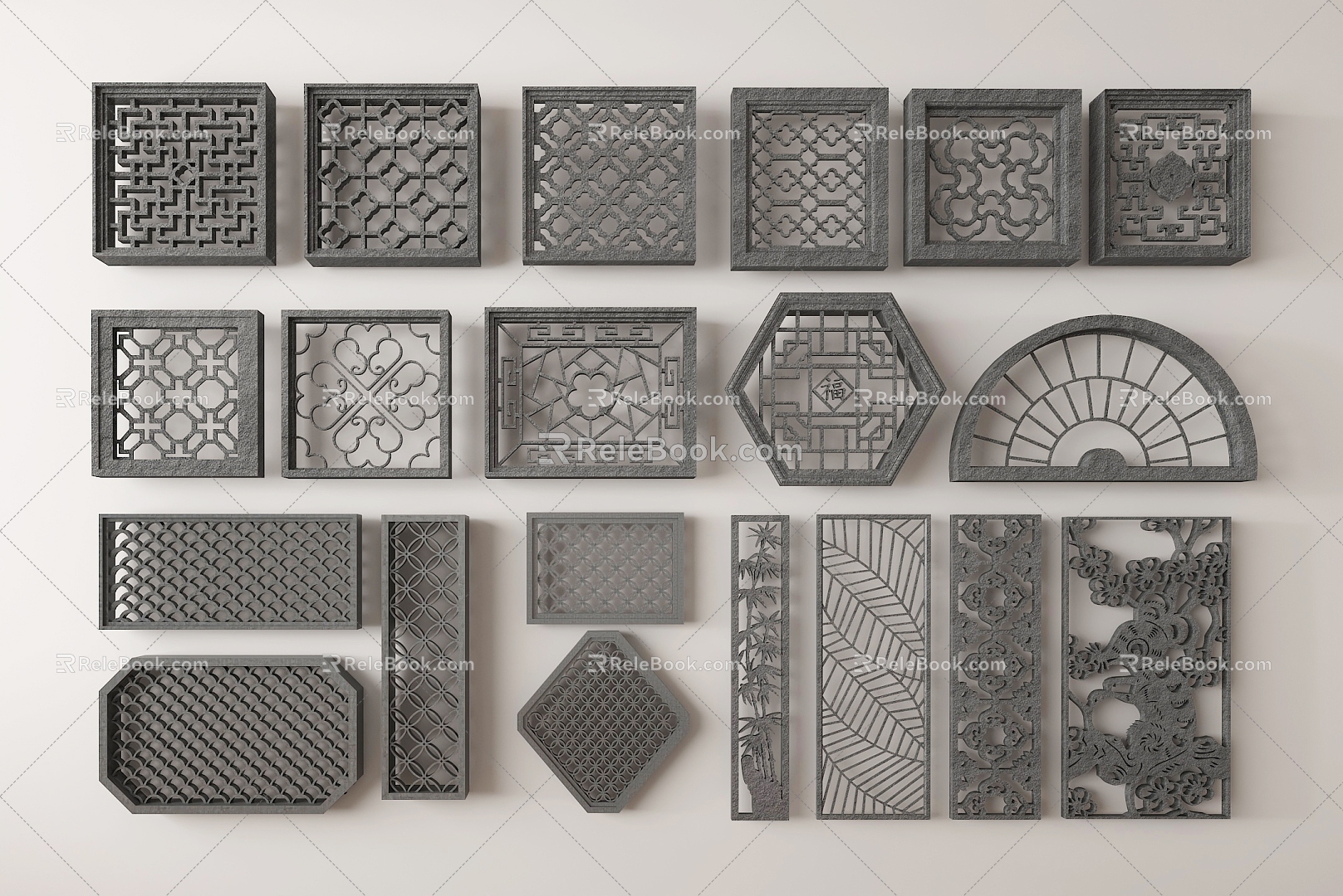 New Chinese-style openwork window carved pattern openwork window grid wall lattice window 3d model