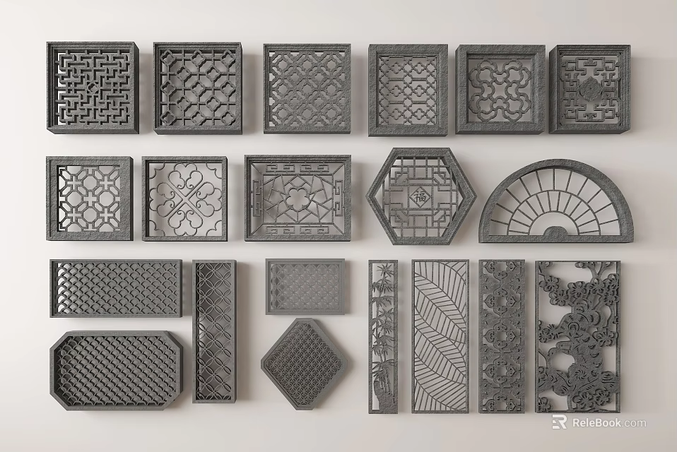 Traditional Carved Lattice Windows Design With Wooden Frames And Intricate Patterns 3d model 