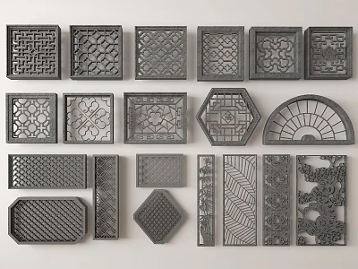 Traditional Carved Lattice Windows Design With Wooden Frames And Intricate Patterns 3d model