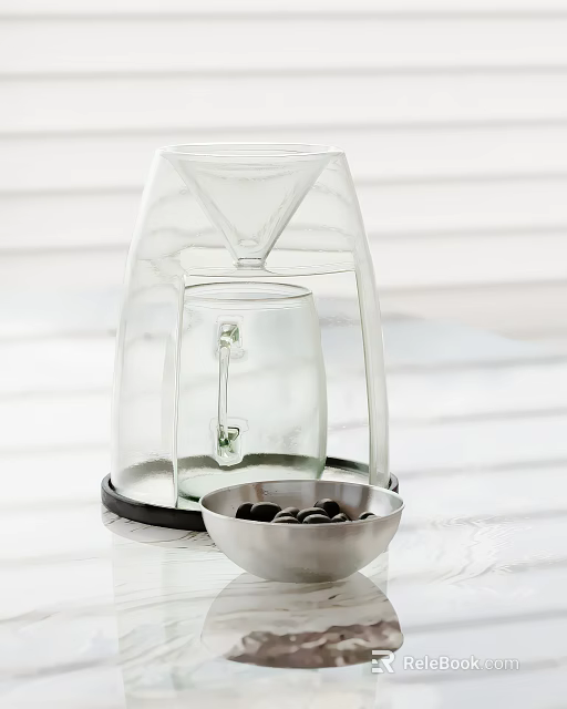 Transparent Glass Container With Funnel Top Base And Metal Bowl Of Black Pebbles 3d model 