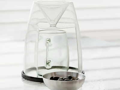 Transparent Glass Container With Funnel Top Base And Metal Bowl Of Black Pebbles 3d model