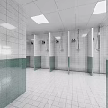 Clean Modern Shower Sauna Interior With White Tiled Walls Green Accent Tiles And Showerhead Stalls