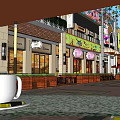 Vibrant Commercial Street with Coffee Shop Bakery Titan Cafe Outdoor Seating Red Umbrellas and Pedestrians