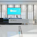 Modern Office Reception Area With Sleek Desk Large Digital Display And Soft Ambient Lighting