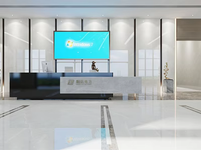 Modern Office Reception Area With Sleek Desk Large Digital Display And Soft Ambient Lighting 3d model