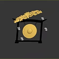 Traditional Musical Equipment With Wooden Stand Yellow Gong Golden Carved Decorations And Hanging White Objects