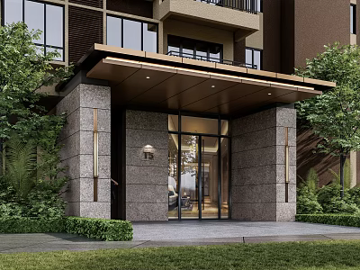 Modern Building Entrance with Stone Pillars Glass Door Canopy Greenery Lawn and Wall Lamps 3d model