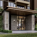 Modern Building Entrance with Stone Pillars Glass Door Canopy Greenery Lawn and Wall Lamps