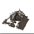 Rustic Wooden Building With Tents Platforms Spiral Stairs Barrels And Crates
