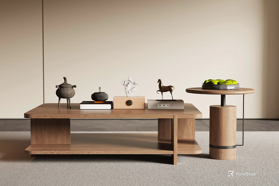 Modern Light Wood Coffee Table With Books Decorative Figurines And Fruit Plate 3d model 