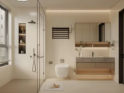 Modern Bathroom Interior Design With Glass Shower Wall Mounted Toilet And Vanity Mirror Cabinet 3d model