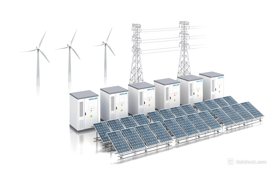 Efficient Industrial Equipment For Renewable Energy With Wind Turbines Solar Panels Power Towers And Cabinets 3d model 