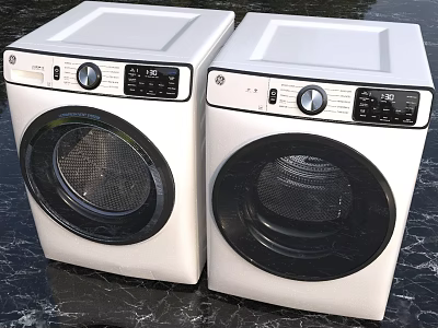 Two White Front Load Washing Machines Side by Side with Control Panels 3d model