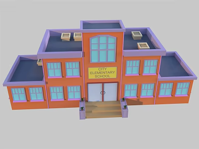 Cartoon Elementary School Building With Orange Purple Walls Blue Windows Dark Blue Roof Front Steps 3d model