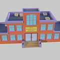 Cartoon Elementary School Building With Orange Purple Walls Blue Windows Dark Blue Roof Front Steps