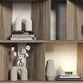 Modern Wooden Display Shelf With Books Decorative Vases Sculptures And Ornaments