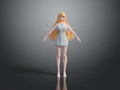 Game Anime Character With Blonde Long Hair Light Blue Dress Green Gem Necklace 3d model
