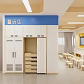 Bright Kindergarten Classroom Featuring Wooden Tables Chairs TV And Round Windows