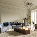 Modern Living And Dining Room Interior With Gray Sofa Striped Armchair And Chandelier