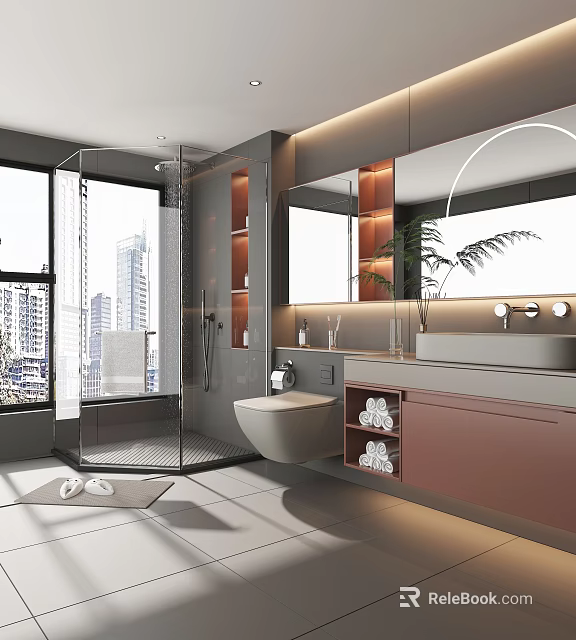 Modern Bathroom Interior With Glass Shower Large Window City View Vanity Mirror And Plant 3d model 