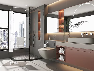 Modern Bathroom Interior With Glass Shower Large Window City View Vanity Mirror And Plant 3d model