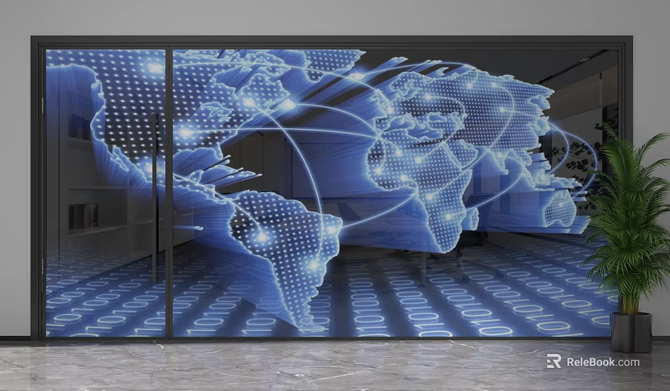 Modern Glass Partition With Digital World Map And Network Connections In Interior Design 3d model 