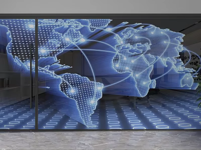 Modern Glass Partition With Digital World Map And Network Connections In Interior Design 3d model