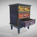 Vintage Decorative Chest of Drawers With Colorful Ornate Panels and Carved Blue Legs