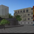 Vibrant Commercial Street Scene With Multi story Buildings Lush Trees And Shop Signboards