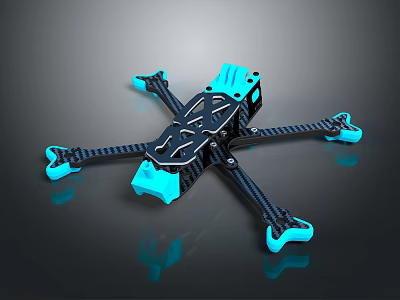 Carbon Fiber Drone Frame With Blue Components And Quadcopter Structure On Reflective Surface 3d model