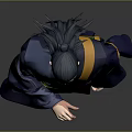 Game Movie Character In Traditional Dark Blue Robe With Green Yellow Accents Holding Scroll Barefoot