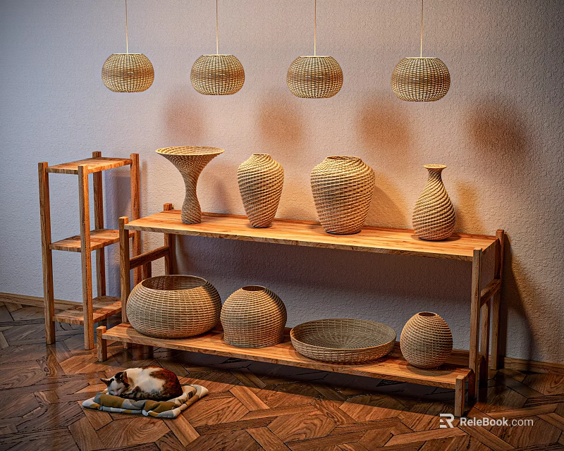 Four Woven Pendant Lights Above Wooden Shelf With Woven Vases And Baskets On Herringbone Floor 3d model 
