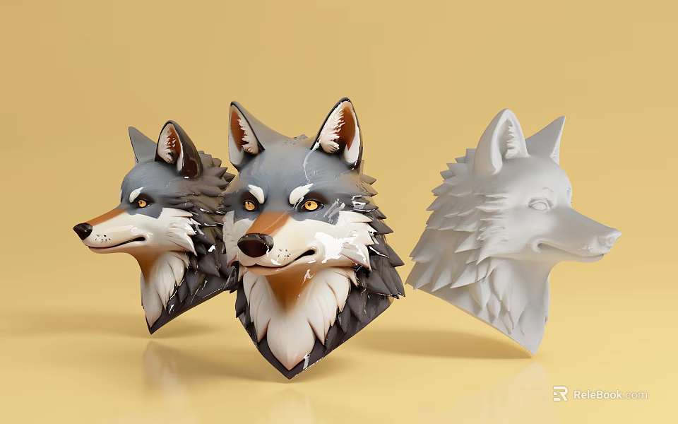 Three Reptile Head Models in Grey Brown and White Colors on Yellow Background 3d model 