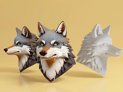 Three Reptile Head Models in Grey Brown and White Colors on Yellow Background 3d model