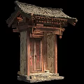 Ancient Architecture Wooden Door With Traditional Carved Roof Red Decorations And Stone Base