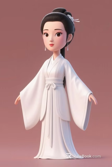 Cartoon Woman in Traditional White Hanfu with Long Hair and Hair Accessories on Pink Background 3d model 