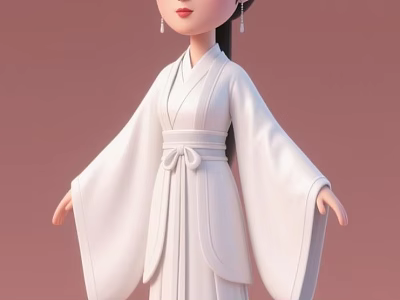 Cartoon Woman in Traditional White Hanfu with Long Hair and Hair Accessories on Pink Background 3d model