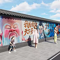 Vibrant Cartoon Mural Wall With Colorful Art And People Taking Photos Under Blue Sky