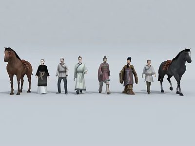 Group of Ancient Historical Figures Standing In Traditional Attire With Horses 3d model