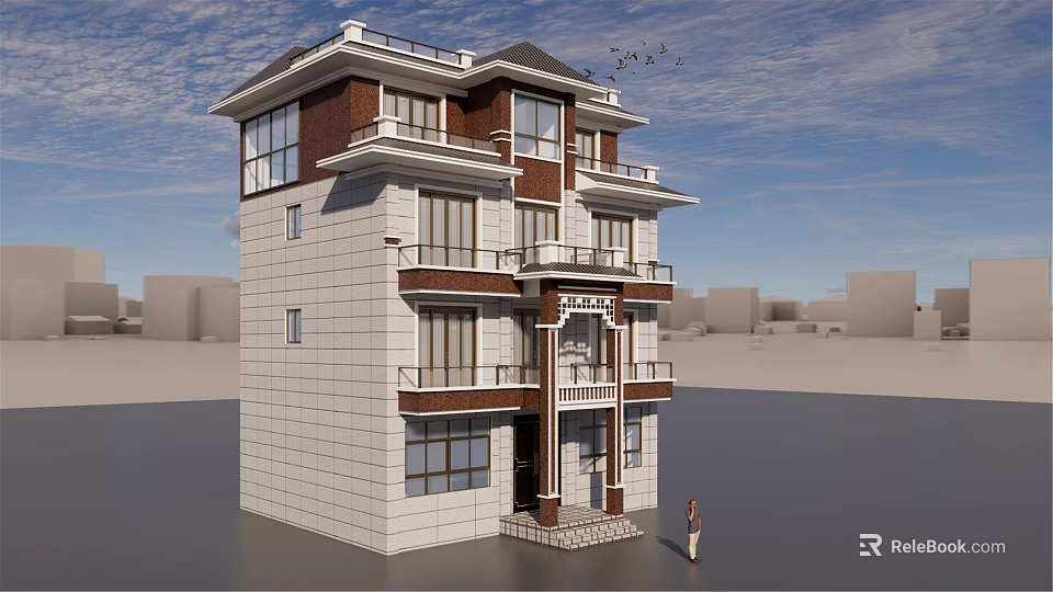 Three Story Detached Villa With Modern Stone Facade Large Windows And Balconies 3d model 