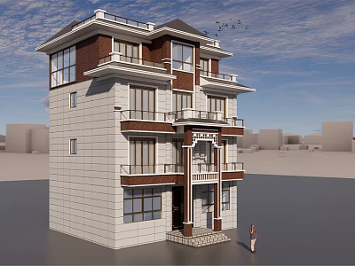 Three Story Detached Villa With Modern Stone Facade Large Windows And Balconies 3d model