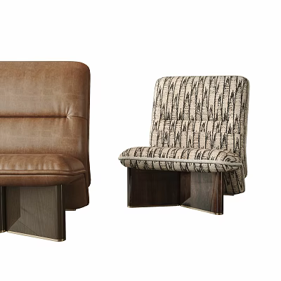 Modern Leisure Chairs With Brown Leather And Striped Fabric Upholstery Wooden Legs Design 3d model
