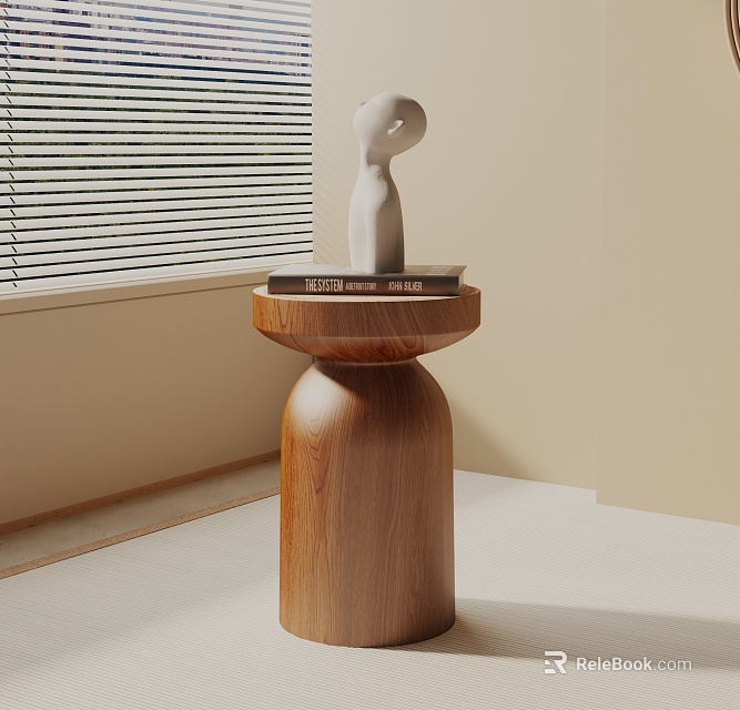 Wooden Side Table with Cylindrical Base Holding White Sculpture and Books Near Window Blinds 3d model 