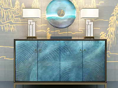 Entryway Cabinet Sideboard With Blue Wavy Pattern Table Lamps And Golden Landscape Wall Decor 3d model