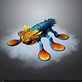 Vibrant Blue Fantasy Creature With Orange Claws Head And White Cloud Like Surroundings