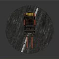 Orange Forklift With Black Cab And Red Forks On Circular Gray Ground