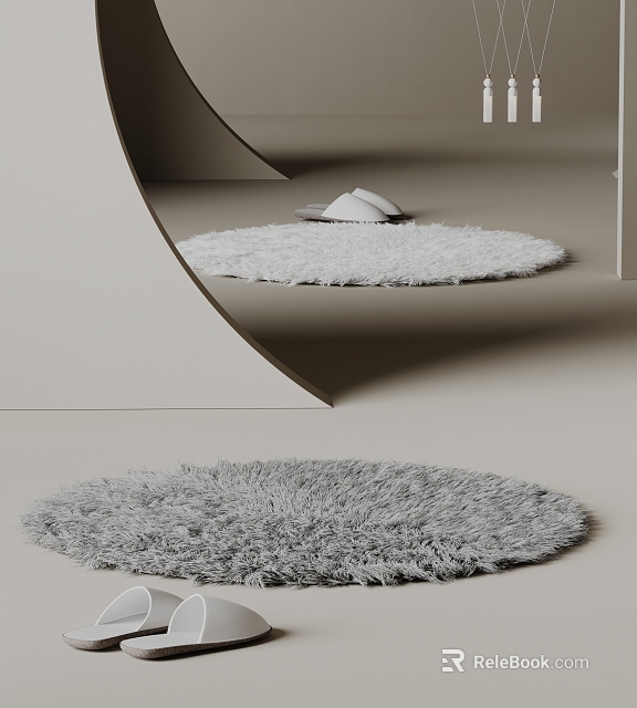 Fluffy Round Area Rugs In Minimalist Interior With Geometric Elements 3d model 
