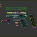 Detailed Disassembled Pistol Parts With Barrel Magazine Sight Bullets And Trigger
