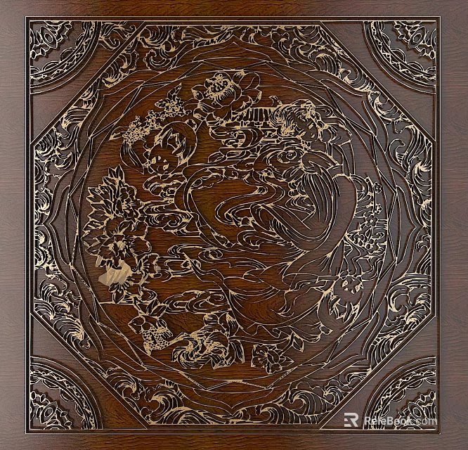Intricate Traditional Wooden Carvings With Floral And Animal Motifs On Decorative Panel 3d model 