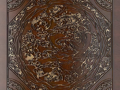 Intricate Traditional Wooden Carvings With Floral And Animal Motifs On Decorative Panel 3d model